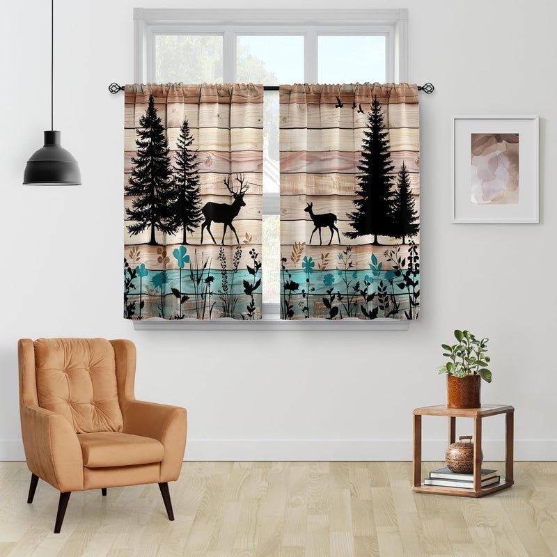 Aimego Forest Deer Kitchen Curtains - Wood Retro Teal Cafe Country Rustic Small Short Tier Window Curtains for Bathroom Living Room Decor Rod Pocket Window Drapes 36 Inch Length Set 28"x36" - Image 2